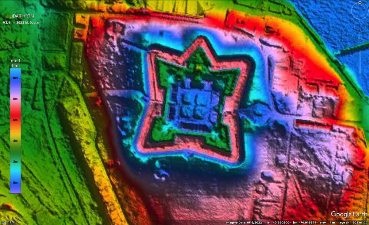 Detailed elevation rendering of the star-shaped Fort Jay earthworks on Governors Island, with the original color legend and map credits